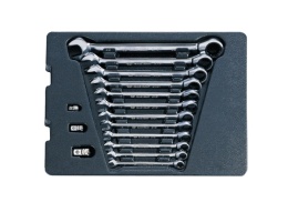 9-10215MR - ZESTAW KLUCZY PŁASKO-OCZKOWYCH Z GRZECHOTKĄ DWUKIERUNKOWĄ 12cz. 8-22mm, Z ADAPTERAMI DO NASADEK, WKŁAD DO WÓZKA