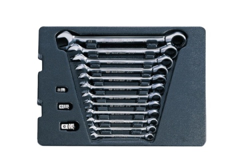 9-10215MR - ZESTAW KLUCZY PŁASKO-OCZKOWYCH Z GRZECHOTKĄ DWUKIERUNKOWĄ 12cz. 8-22mm, Z ADAPTERAMI DO NASADEK, WKŁAD DO WÓZKA