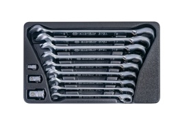 9-102A12MR - ZESTAW KLUCZY PŁASKO-OCZKOWYCH Z GRZECHOTKĄ DWUKIERUNKOWĄ 373A 12cz. 10-19mm, Z ADAPTERAMI DO NASADEK, DO WÓZKA