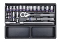 9-4522MR - ZESTAW NASADEK 1/2" 22cz. KRÓTKIE 6-kąt. 8 - 24mm Z AKCESORIAMI, WKŁAD DO WÓZKA