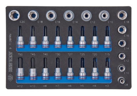 9-7128PRV - ZESTAW NASADEK 3/8" + 1/2", HEX H3 - H12, TORX T15 + T50, GWIAZDKI E8 - E20, WKŁAD Z PIANKI, DO WÓZKA 9-7128PRV - ZESTAW NASADEK 3/8" + 1/2", HEX H3 - H12, TORX T15 + T50, GWIAZDKI E8 - E20, WKŁAD Z PIANKI, DO WÓZKA