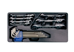 9-91016MR - ZESTAW NARZĘDZI 16cz. KLUCZE PŁASKO-OCZKOWE PRZEGUBOWE Z GRZECHOTKĄ 8 - 19mm + TORXY T10 - T50, WKŁAD DO WÓZKA