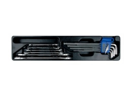 ZESTAW 15cz. - KLUCZE PŁASKIE 6cz. 6 - 24mm, IMBUSY 9 szt. 1120 HEX Z KULKĄ EKSTRA DŁUGIE 1,5 - 10mm, WKŁAD DO SKRZYNKI 87402