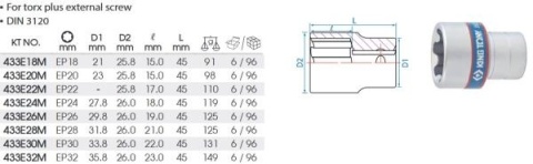 433E30M - NASADKA KRÓTKA TORX PLUS 1/2" EPL30 x 45mm Cr-v 433E30M - NASADKA KRÓTKA TORX PLUS 1/2" EPL30 x 45mm Cr-v