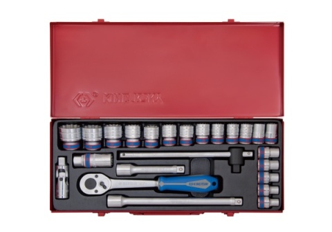 4528MR - ZESTAW NASADEK 1/2", 24cz. KRÓTKIE 6-kąt. 10 - 32mm Z GRZECHOTKĄ I AKCESORIAMI, KASETA