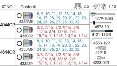 4544CR - ZESTAW NASADEK 1/2" 43cz. KRÓTKIE 6-kąt. 8 - 32mm, CALOWE 3/8" - 1.1/4" Z GRZECHOTKĄ I AKCESORIAMI, KASETA 4544CR - ZESTAW NASADEK 1/2" 43cz. KRÓTKIE 6-kąt. 8 - 32mm, CALOWE 3/8" - 1.1/4" Z GRZECHOTKĄ I AKCESORIAMI, KASETA